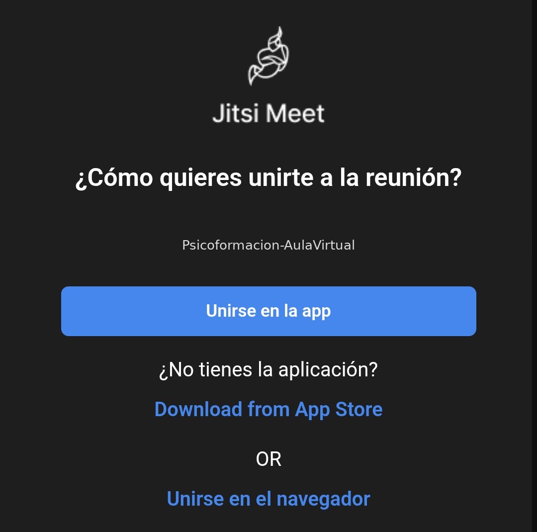 Pantalla de Jitsi Meet en el móvil preguntando si unirse en la app o en el navegador